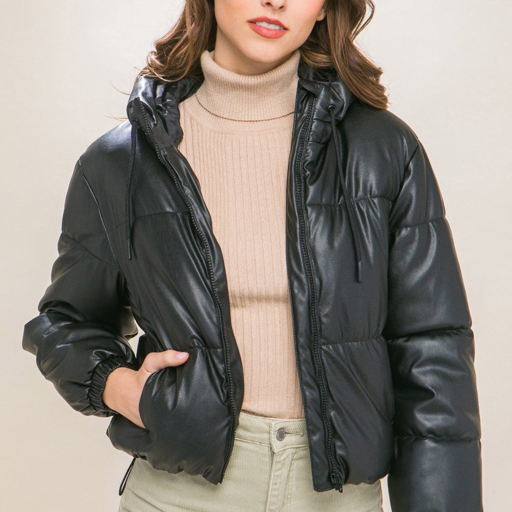 Pu Faux Leather Zipper Hooded Puffer Jacket-black